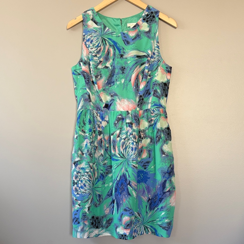 Shoshanna Waterlily Louise Silk Dress Size 8 Abstract Floral Green Blue Purple
